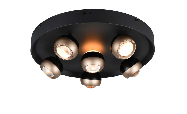 Die Trio LED-Deckenleuchte Orbit 50 cm besteht aus sechs verstellbaren runden Strahlern in Schwarz und Gold.
