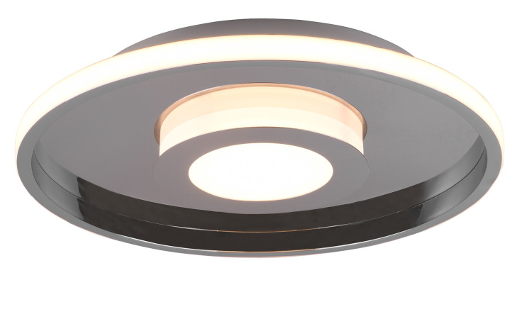 Trio LED-Deckenleuchte Ascari 40 cm: Moderne Deckenlampe mit zwei LED-Ringen auf schwarzem und silberfarbenem Metall.