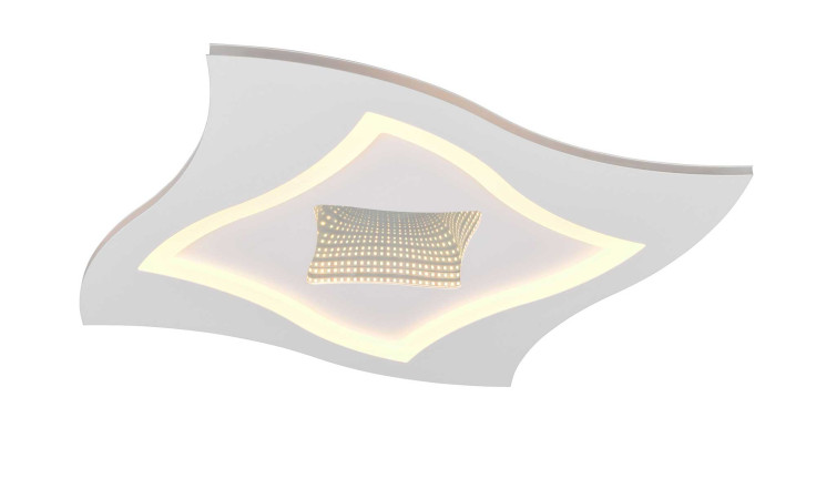 Die Trio LED-Deckenleuchte Klint 50 cm hat einen wellenförmigen Rahmen und einen gepunkteten, beleuchteten quadratischen Mittelpunkt.