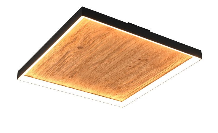 Trio LED-Deckenleuchte Kalea 45 cm mit holzgemusterter Mitte und leuchtendem LED-Rand, dargestellt von unten auf weiß.