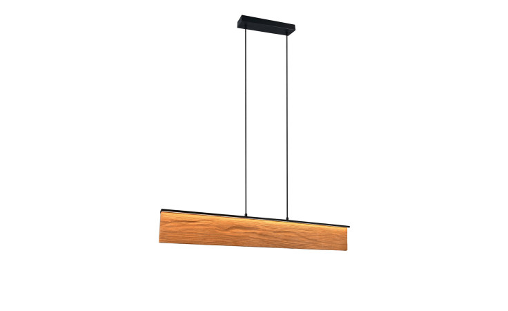 Die Trio LED-Pendelleuchte Kalea 110 cm hängt an schwarzen Schnüren und Deckenhalterung, isoliert auf weißem Hintergrund.