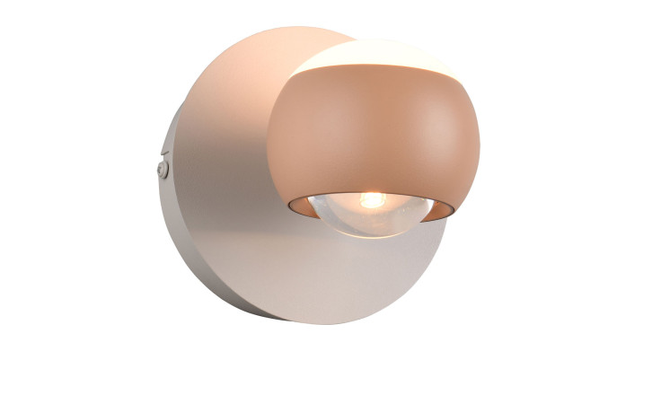 Die Musterring LED-Wandleuchte MR-Cannon 14,5 cm ist eine moderne beigefarbene Wandleuchte mit Metallsockel und kuppelförmiger Leuchte.