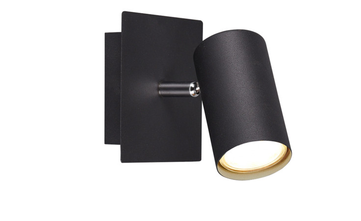 Trio Strahler Marley schwarzer zylindrischer Wandstrahler mit rechteckiger Rückwand, ohne Leuchtmittel.