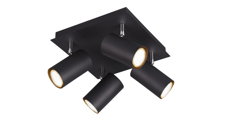 Trio Deckenleuchte Marley: Deckenstrahler mit vier verstellbaren Metallzylindern auf einem quadratischen Sockel, teilmontiert.