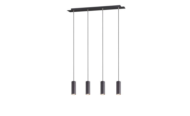 Die Trio Pendelleuchte Marley besteht aus vier zylindrischen, schwarzen Leuchten, die in einer Reihe an dünnen Kabeln von einer rechteckigen Halterung hängen.