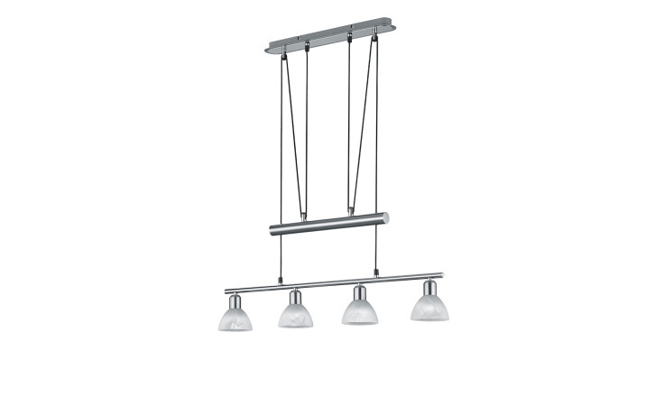 Die Trio LED-Pendelleuchte Levisto verfügt über vier Glasschirme, schlanke schwarze Kabel und eine elegante nickelfarbene Mattierung.