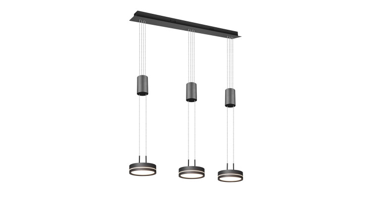 Drei Trio LED-Pendelleuchten Franklin hängen in einer Reihe an einer rechteckigen Halterung an verstellbaren Schnüren.