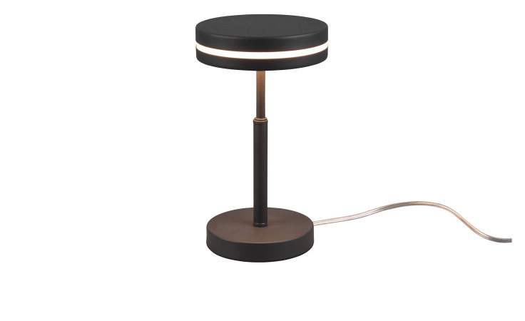 Die Trio LED-Tischleuchte Franklin 14 cm hat einen schlanken Metallstiel, einen runden Sockel, einen Schirm und ein Leuchtmittel.