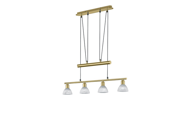 Trio Pendelleuchte Levisto: vier Glasschirme, matte Messingakzente, schwarze Kabel, isoliert auf weißem Hintergrund.