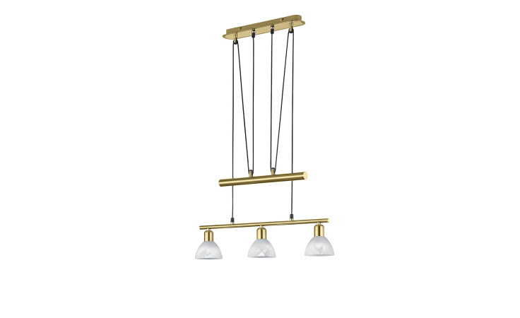 Trio LED-Pendelleuchte Levisto: drei mattierte Glasschirme, mattes Messing und schwarze Kabel für einen modernen Stil.