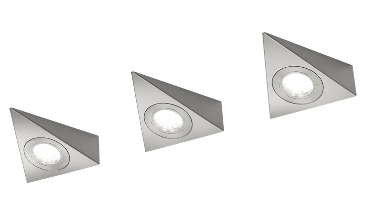 Das Trio LED-Unterbauleuchten-Set Ecco 3 tlg. besteht aus 3 dreieckigen LED-Puck-Leuchten in mattem Nickel, inklusive Leuchtmittel.