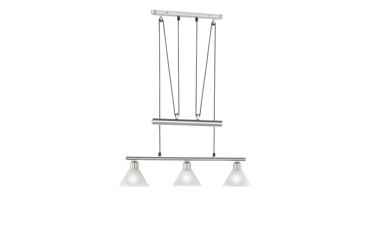 Die Trio Pendelleuchte Stamina verfügt über 3 Milchglasschirme auf verstellbaren Metallstäben und -drähten in mattem Nickel.