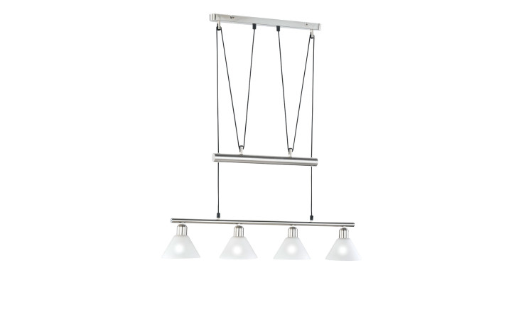 Trio Pendelleuchte Stamina: Moderne 4-Licht-Pendelleuchte mit Glasschirmen, Metallkabeln und matt vernickelter Oberfläche.