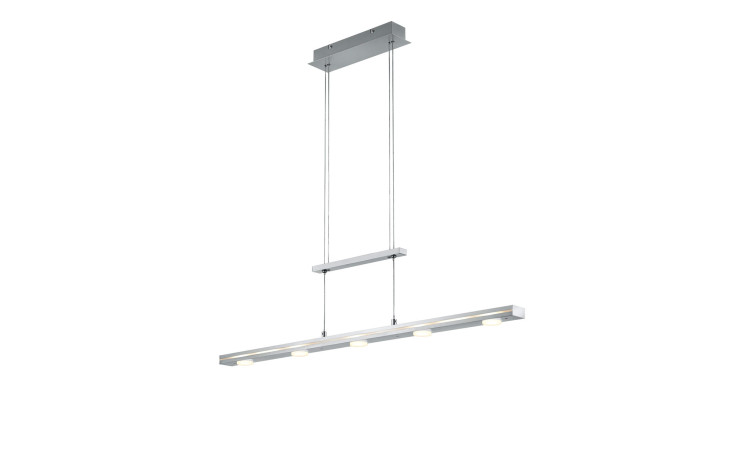 Die Trio LED-Pendelleuchte Lacal ist eine moderne, rechteckige Pendelleuchte in Nickel-Matt mit 4 LEDs, die an zwei Drähten aufgehängt sind.