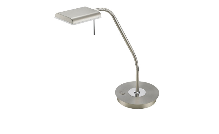 Trio LED-Tischleuchte Bergamo: moderne nickelfarbene matte Metall-Lampe mit gebogenem Hals, Leuchtmittel inklusive.