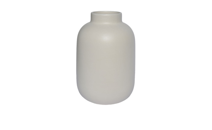 Vase 24 cm Weiß: Matte, montierte Keramik mit rundem Körper und schmalem Hals, off-white, vor weißem Hintergrund.