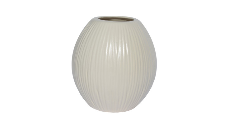 Eine hohe, ovale Vase 21 cm Weiß mit vertikalen Rillen, die vor einem schlichten weißen Hintergrund gezeigt wird.