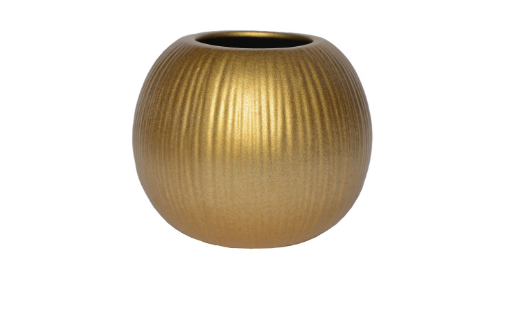 Goldfarbene, ovale Vase 15 cm aus Keramik Steingut mit Rillen und weiter Öffnung - ideal für Dekoration.