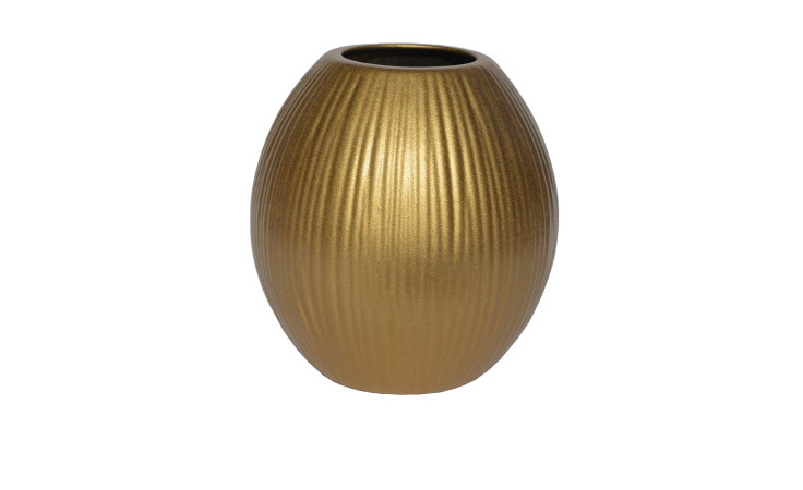 Die Vase 17 cm Gold ist eine ovale, goldene Keramik Steingut Vase mit vertikalen Rillen, ideal für Dekoration.