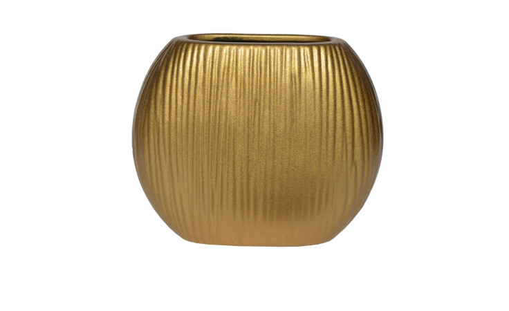 Vase 16 cm Gold: Abgerundete Vase aus Steingut mit vertikalen, strukturierten Linien, abgebildet auf einem schlichten weißen Hintergrund.