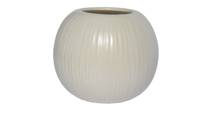 Vase 20 cm Weiß: runde, cremefarbene Keramikvase mit vertikaler Struktur, abgebildet auf weißem Hintergrund.