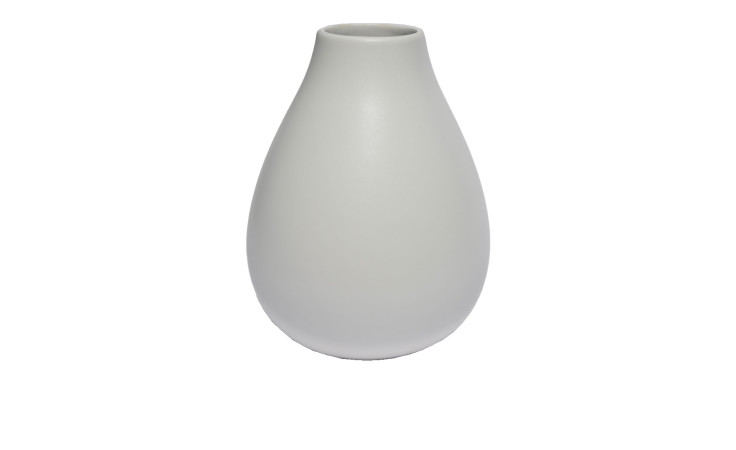 Die Vase 16 cm Weiß ist eine matte, weiße Keramikvase mit rundem Korpus und schmaler Öffnung, abgebildet auf weißem Hintergrund.