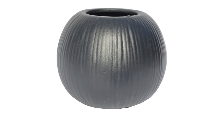 Eine runde, dunkelgraue Vase 20 cm Schwarz mit breiter Öffnung und geripptem Design, auf weißem Hintergrund.
