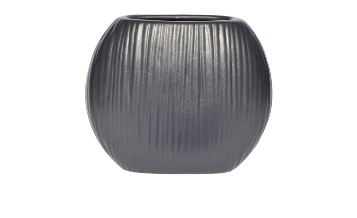 Eine dunkelgraue Vase 20 cm Schwarz mit gerippter Textur und abgerundeter ovaler Form, dargestellt auf weißem Hintergrund.