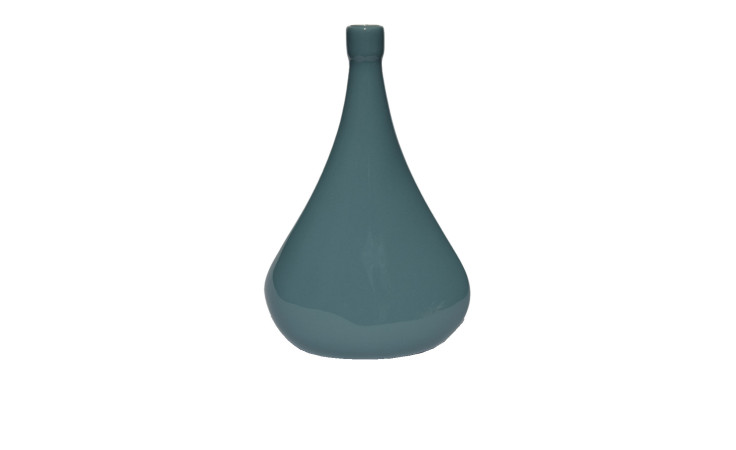 Eine Vase 31 cm Blau, tropfenförmig mit schmalem Hals, steht auf einem weißen Hintergrund.