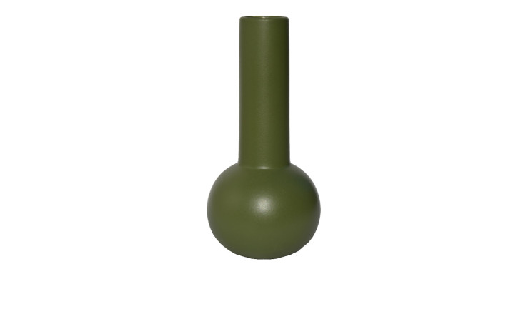 Die Vase 34 cm Olive ist eine mattgrüne Keramikvase mit rundem Boden und hohem, schmalem Hals auf weißem Grund.