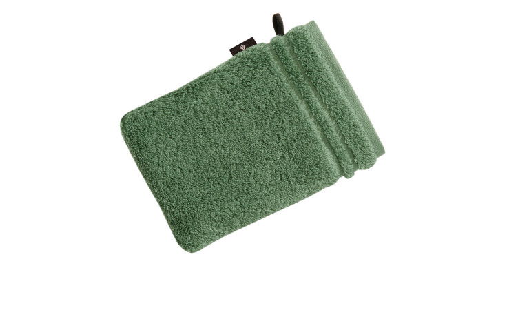 Der Vossen Waschhandschuh Vienna Style Supersoft 16 x 22 cm hat eine schwarze Schlaufe und ist auf weißem Grund abgebildet.