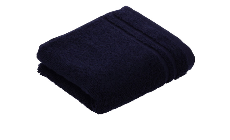 Das Vossen Gästetuch Vienna Style Supersoft 30x50 cm in blau zeichnet sich durch ein strukturiertes Band aus, das auf weiß gefaltet ist.