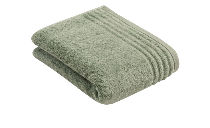 Ein gefaltetes hellgrünes Vossen Badetuch Vienna Style Supersoft 80x160 cm mit strukturierten Streifen auf weißem Grund.