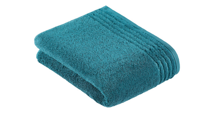 Ein gefaltetes Vossen Badetuch Vienna Style Supersoft 80 x 160 cm in lagoon blau-grün, mit strukturiertem Rand, auf weißem Hintergrund.