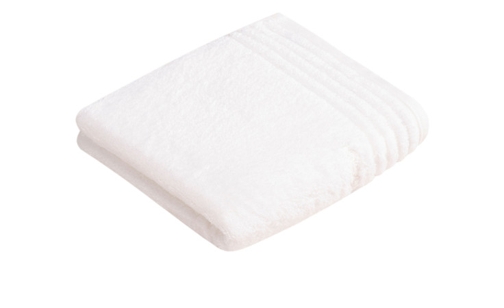 Das Vossen Handtuch Vienna Style Supersoft 50x100 cm ist fein säuberlich gefaltet mit dezenten Streifen auf weißem Grund.