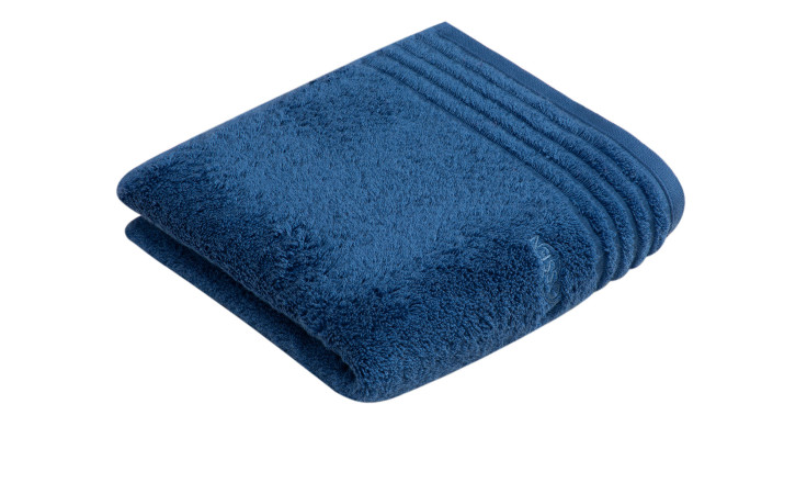 Vossen Handtuch Vienna Style Supersoft 50x100 cm in Blau mit strukturierten Streifen, abgebildet auf weißem Hintergrund.