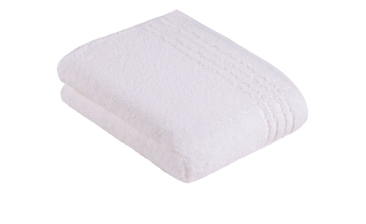 Das Vossen Badetuch Vienna Style Supersoft 80 x 160 cm in weiß, mit drei Bändern, gefaltet auf weißem Grund.