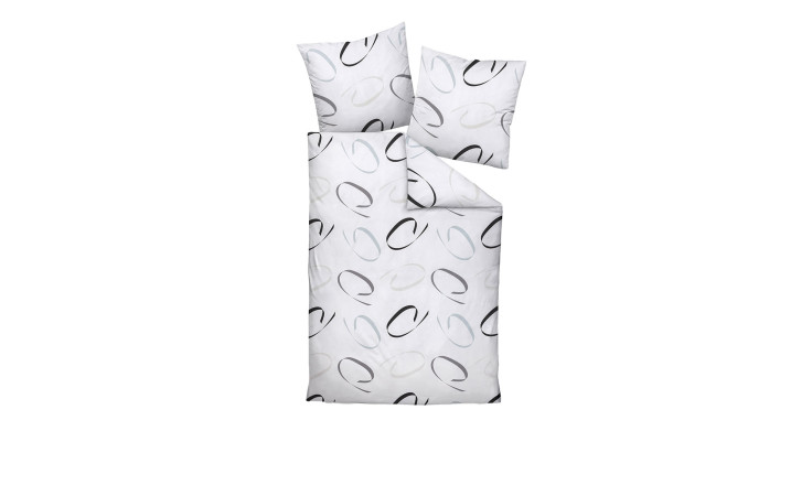 Mako-Satin-Bettwäsche J.D. 135x200 cm, weiß mit schwarzen und grauen Ovalen, inklusive Bett- und Kopfkissenbezug.
