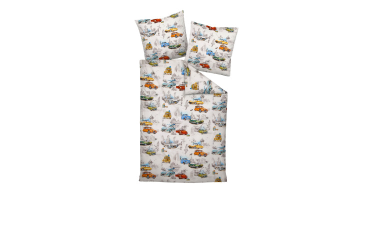 Mako-Satin-Bettwäsche Modern Art S 135x200 cm mit farbenfrohen Oldtimer- & Cityscape-Drucken, inkl. zwei Kissenbezügen.