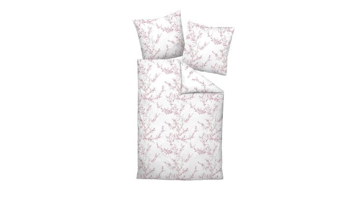 Mako-Satin-Bettwäsche Milano 155 x 220 cm mit rosa Blumenmuster & passendem Kissenbezug auf weißem Grund.