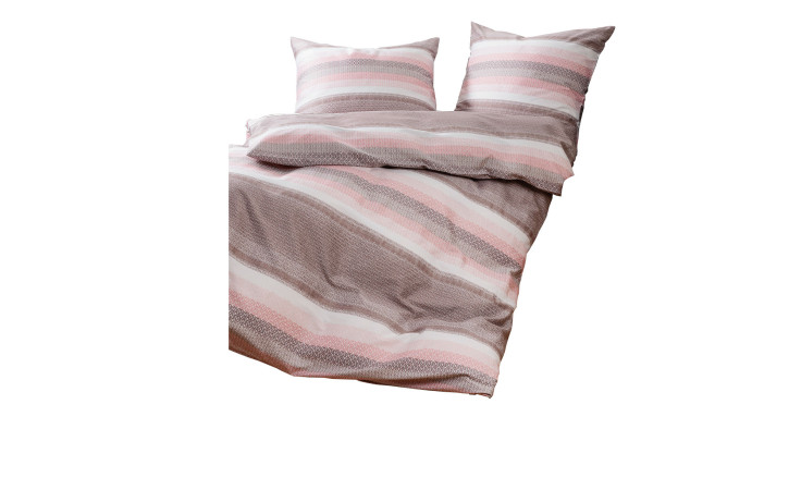 Mako-Satin-Bettwäsche Palermo 135x200 cm mit rosa, braunen und weißen Streifen auf weißem Grund.