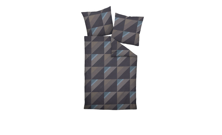 Mako-Satin-Bettwäsche J.D. 155x200 cm Set mit grauem, schwarzem und blauem geometrischem Muster auf weißem Untergrund, inkl. Kissenbezüge.