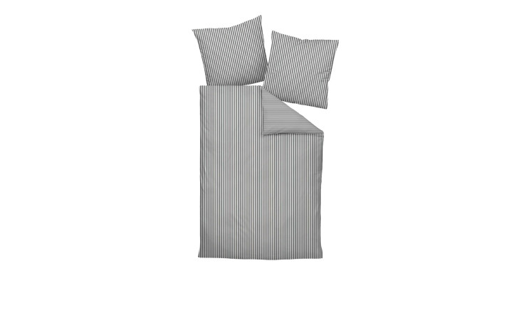 Anthrazit Mako-Satin-Bettwäsche 155 x 220 cm im Set mit zwei Kissen und Bettdecke auf weißem Grund.