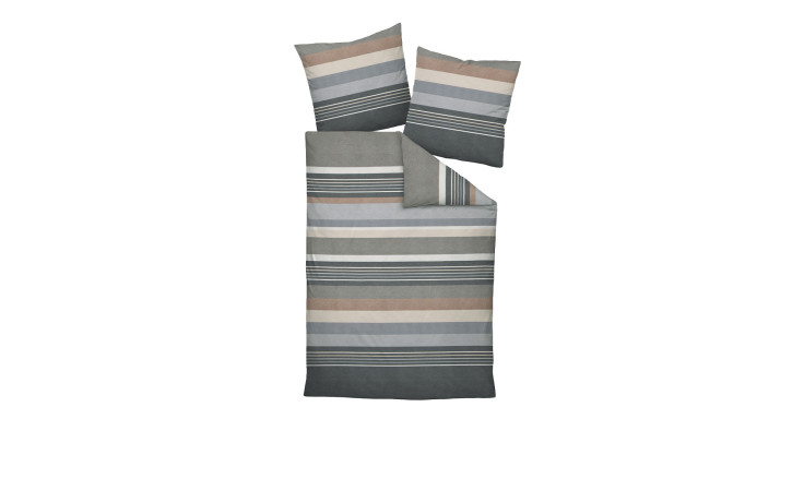 Biber Bettwäsche 135 x 200 cm Opalgrau mit zwei Kissen in Grau, Beige und Weiß auf weißem Hintergrund.
