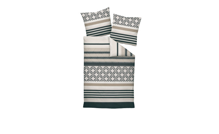 Biber Bettwäsche 200x200 cm Graphit Sand; enthält Bettbezug und Kissenbezüge in Graphit, Sand und Weiß.