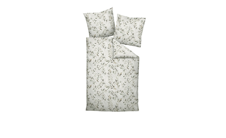 Ein Biber Bettwäsche 135 x 200 cm Mineralgrün-Set mit Blattmustern und zwei passenden Kissenbezügen.