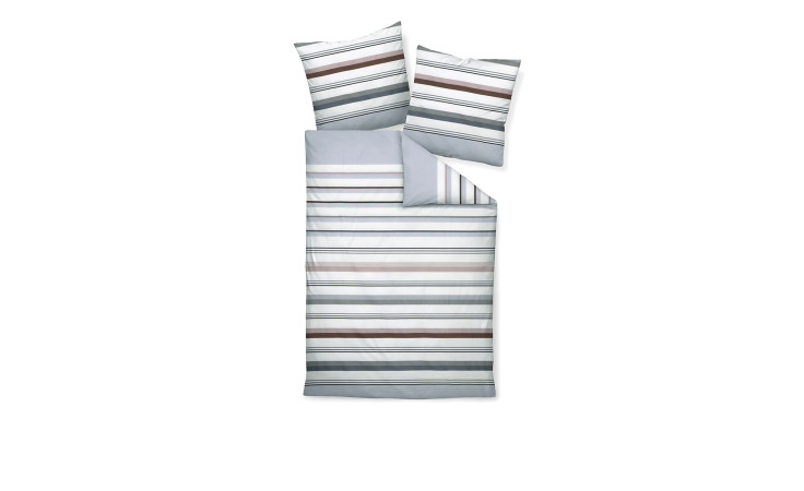 Satin-Bettwäsche 135x200 cm Platin Naturell Set mit zwei Kissen in grau, weiß und braun gestreift.