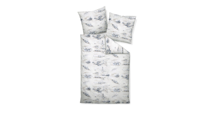 Satin-Bettwäsche 135 x 200 cm Seeblau: enthält zwei Kissenbezüge und einen blauen Toilettentuchbezug mit Landschaftsmuster.