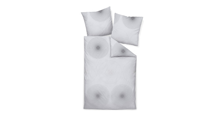 Satin-Bettwäsche 135 x 200 cm in Silber/Platin mit dezentem Kreisdesign, abgebildet auf weißem Hintergrund.