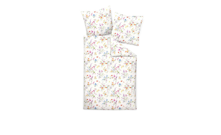 Satin-Bettwäsche 135 x 200 cm mit buntem Blumenmuster, incl. Decken- und zwei Kissenbezügen auf weißem Grund.